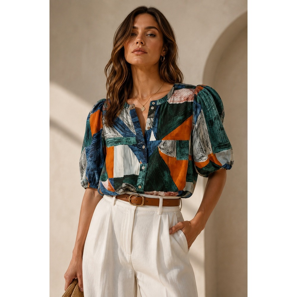 Hunter Bell Abstract Geometric Print Button Up Blouse with Puff Sleeves ($265) M
